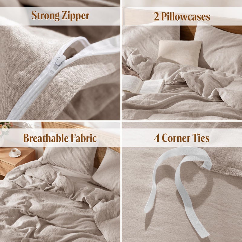 LBRO2M 100% France Linen Duvet Cover Set King Size 3 Pcs Natural Flax Comforter Cover with Zipper Closure 2 Pillowcase Breathable Duvet Cover (Linen King) - Image 5