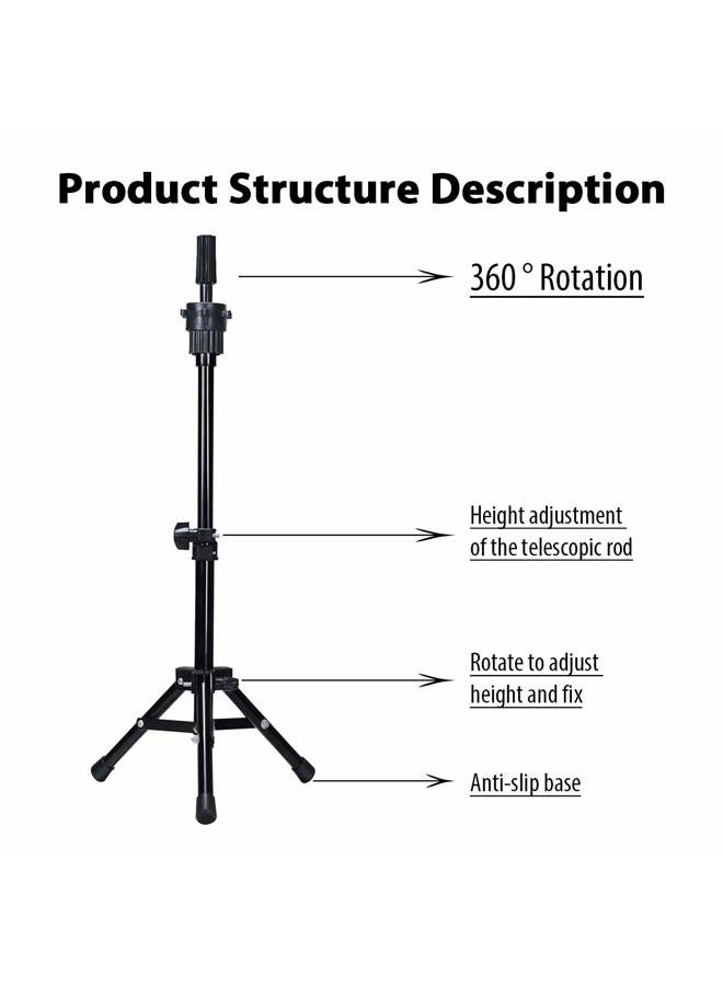Dansee Mini Wig Tripod Foldable Stand Adjustable Mannequin Head Metal Tripod Canvas Block Head Stand Holder Wig Manikin Head Table Display for Cosmetology Salons Hairdressing Training Black(36-55cm) - Image 2