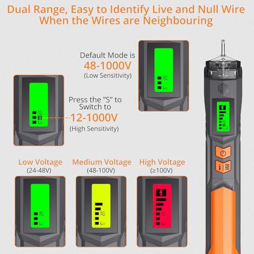 Neoteck Voltage Tester/Non Contact Voltage Tester 12-1000V/48-1000V Adjustable Sensitivity AC Voltage Detector Tester Pen Live/Null Wire Tester with LCD Display Buzzer Alarm Wire Breakpoint Finder - Image 2