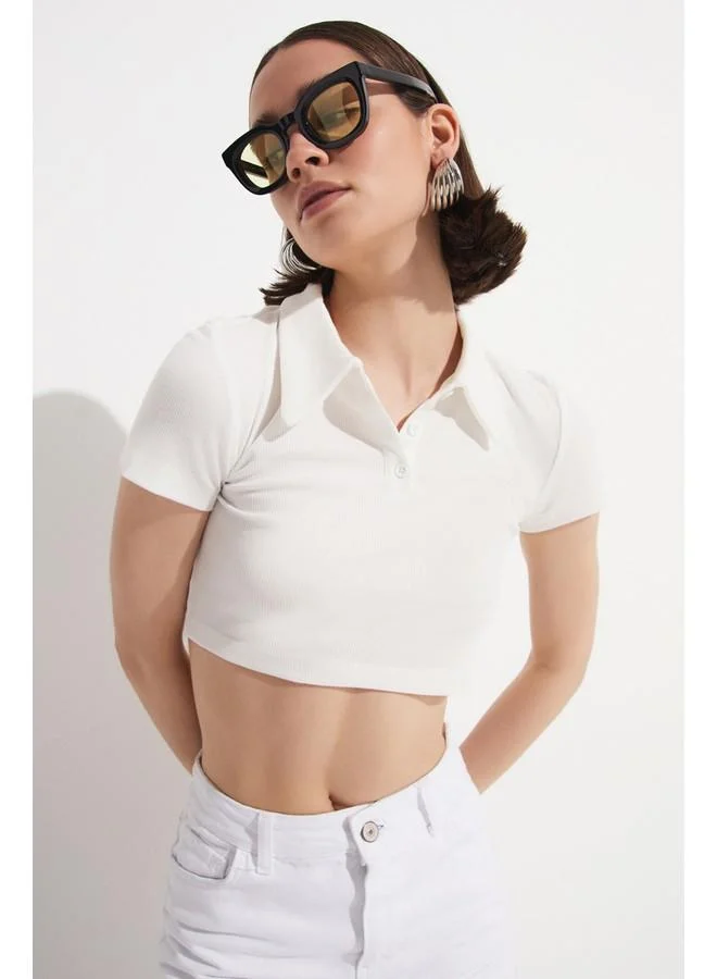 JUNE June Women Fitted Polo Neck Crop Blouse White