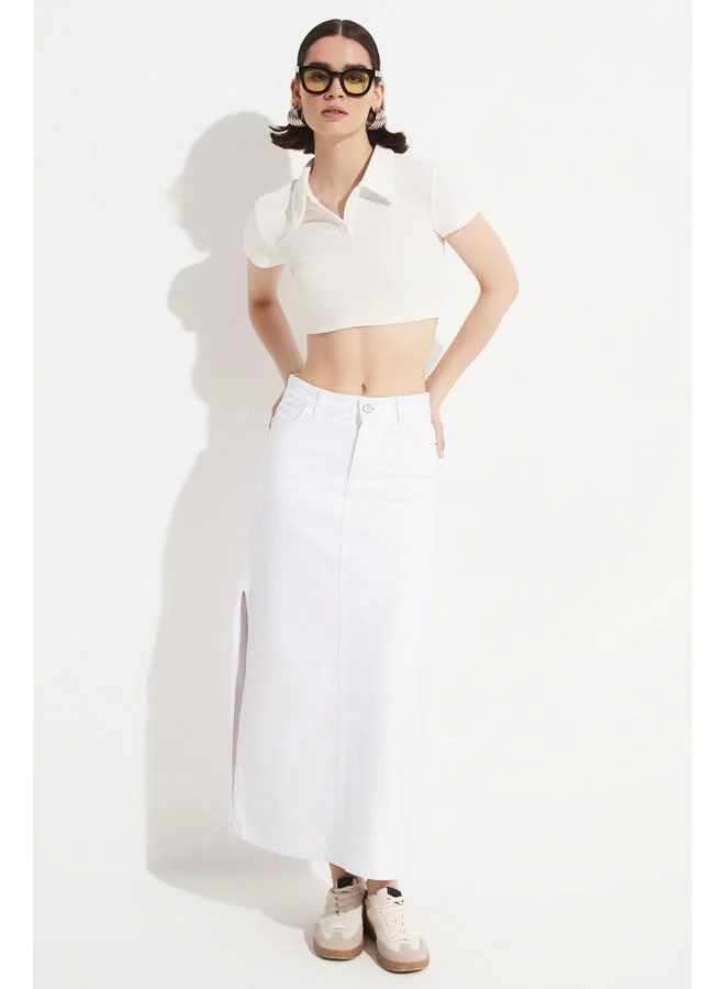 JUNE June Women Fitted Polo Neck Crop Blouse White