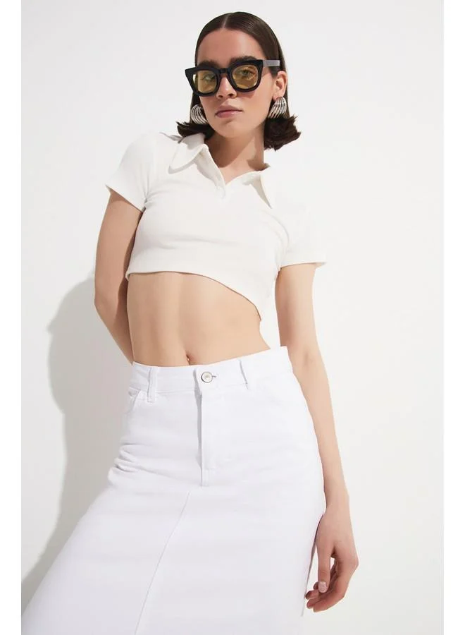 JUNE June Women Fitted Polo Neck Crop Blouse White