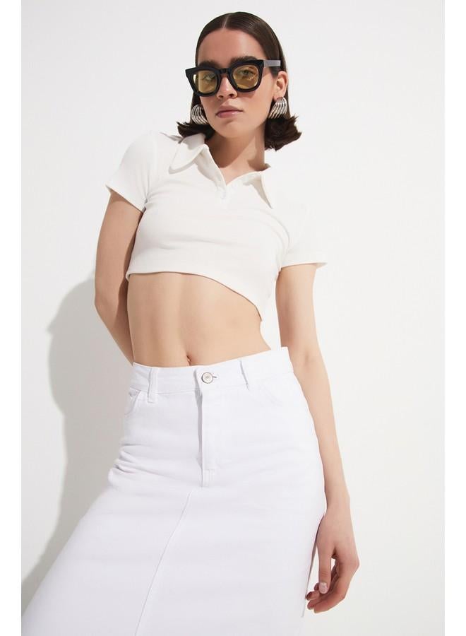 جون بلوزة بولو نسائية قصيرة بيضاء - Image 5