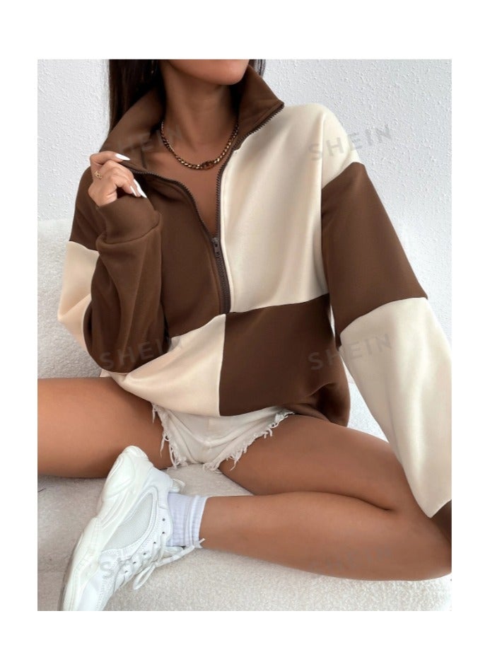 بونكا قميص ثقيل ألوان متباينة سحاب نصف منخفض الاكتاف - Image 1