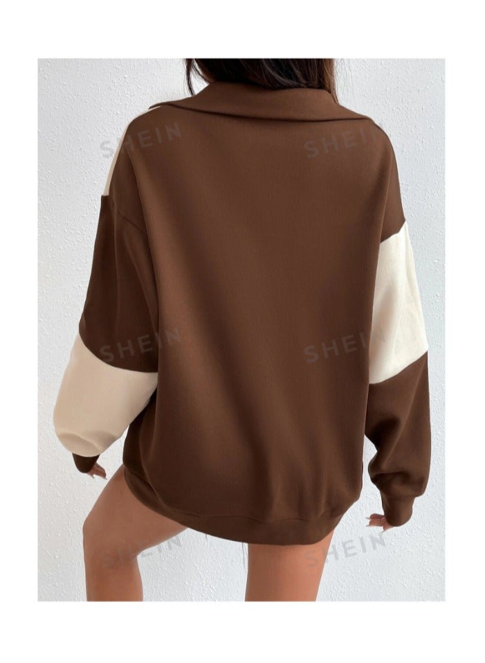 بونكا قميص ثقيل ألوان متباينة سحاب نصف منخفض الاكتاف - Image 2