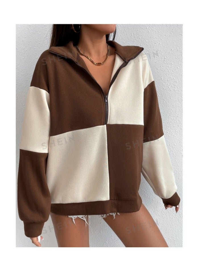 بونكا قميص ثقيل ألوان متباينة سحاب نصف منخفض الاكتاف - Image 3