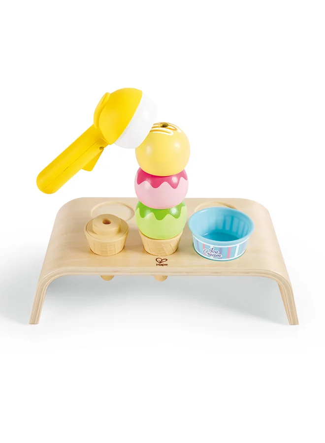 هيب Hape Stackable Wooden Ice Cream Set - 20pcs | Pretend Dessert Toy Set with Accessories | Encourages Creativity & Motor Skills