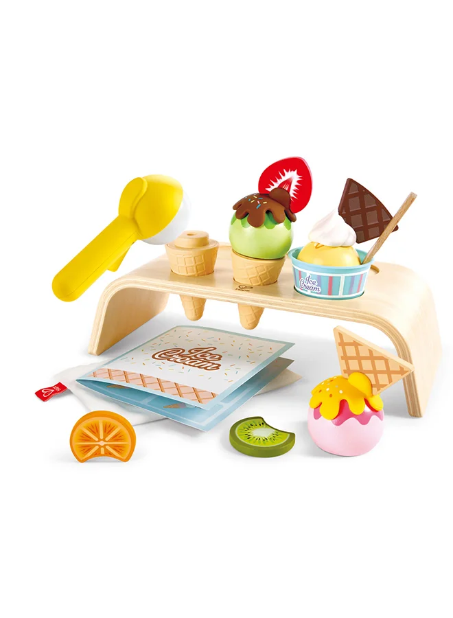 هيب Hape Stackable Wooden Ice Cream Set - 20pcs | Pretend Dessert Toy Set with Accessories | Encourages Creativity & Motor Skills