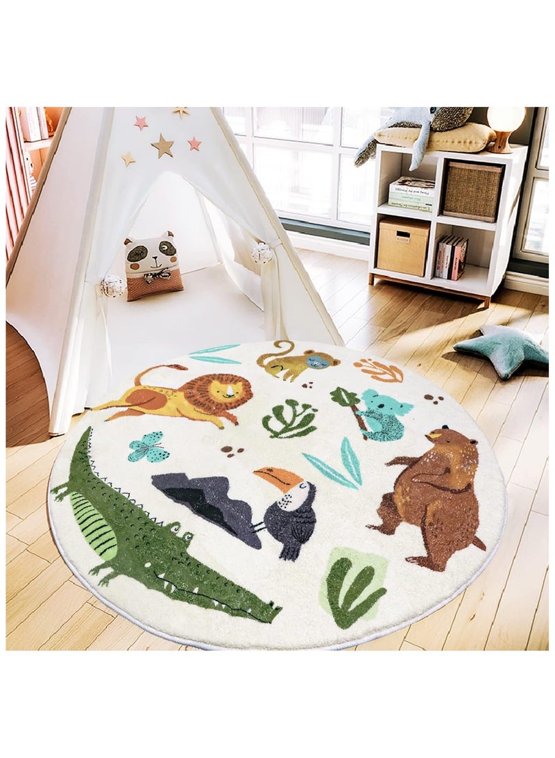 يلا جوي سجادة دائرية للأطفال برسوم كرتونية وحيوانات سجادة ناعمة مستديرة لغرفة النوم سجادة لغرفة المعيشة للأطفال غير قابلة للانزلاق سجادة لغرفة اللعب للأولاد والبنات قطر - Image 1