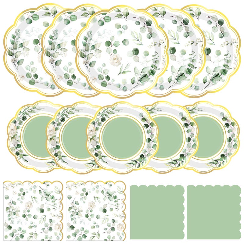 Funnymoom 200 Pcs Eucalyptus Party Supplies Kit Sage Green Disposable Paper Dinner Dessert Plates Luncheon Napkins and Beverage Napkins for Birthday Baby Shower Bridal Shower Wedding Party 50 Guests - Image 1