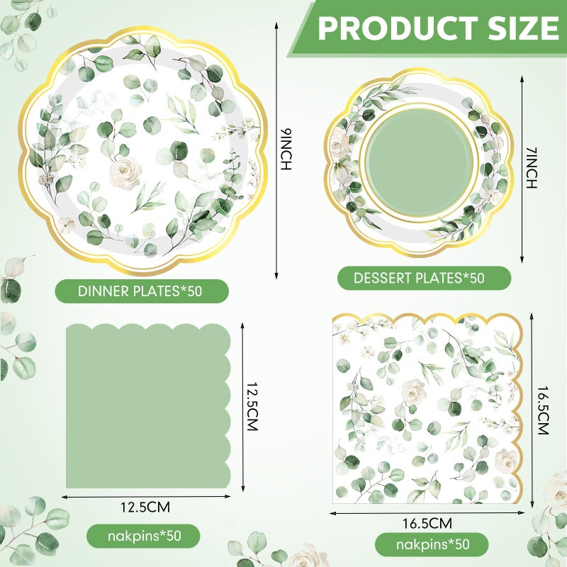Funnymoom 200 Pcs Eucalyptus Party Supplies Kit Sage Green Disposable Paper Dinner Dessert Plates Luncheon Napkins and Beverage Napkins for Birthday Baby Shower Bridal Shower Wedding Party 50 Guests - Image 2