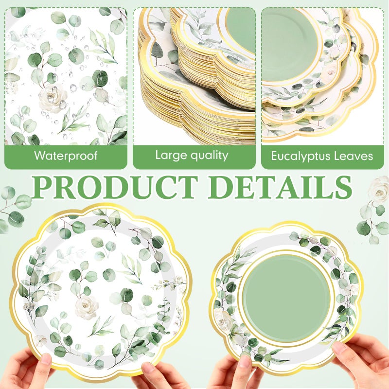 Funnymoom 200 Pcs Eucalyptus Party Supplies Kit Sage Green Disposable Paper Dinner Dessert Plates Luncheon Napkins and Beverage Napkins for Birthday Baby Shower Bridal Shower Wedding Party 50 Guests - Image 3