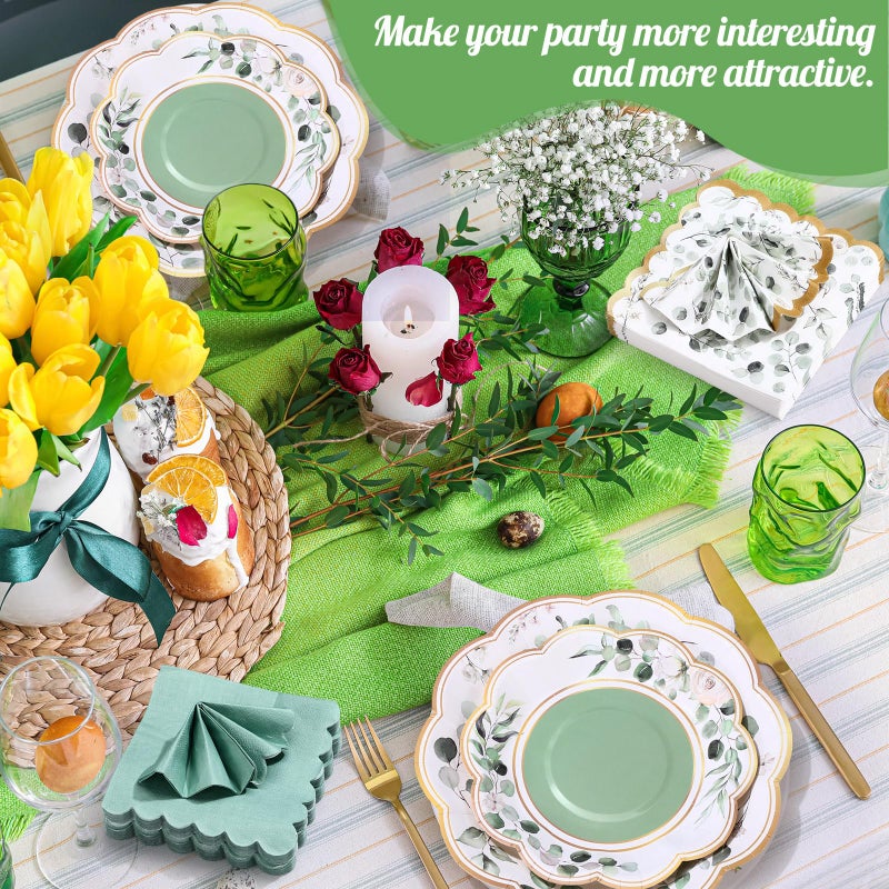 Funnymoom 200 Pcs Eucalyptus Party Supplies Kit Sage Green Disposable Paper Dinner Dessert Plates Luncheon Napkins and Beverage Napkins for Birthday Baby Shower Bridal Shower Wedding Party 50 Guests - Image 4