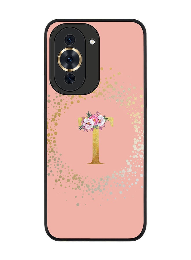 Stylizedd Rugged Black edge case for Huawei nova 10 Pro Slim fit Soft Case Flexible Rubber Edges TPU Gel Thin Cover - Custom Monogram Initial Letter Floral Pattern Alphabet - T (Rose Pink) - Image 1