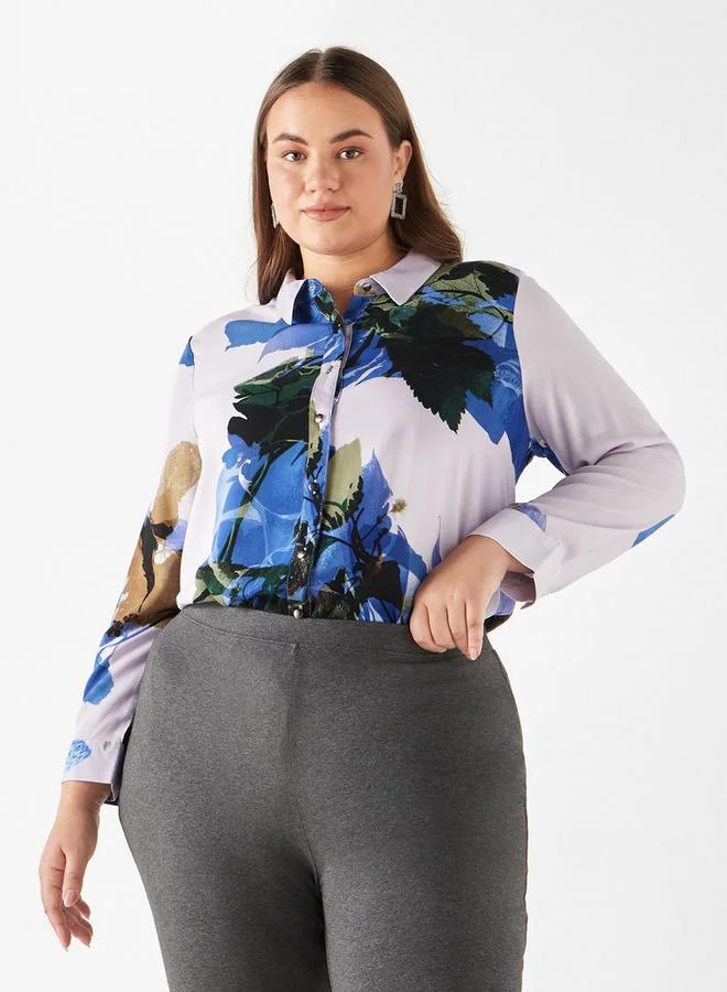 Ulla Popken Plus Size Ulla Popken All-Over Print Shirt with Collar and Long Sleeves
