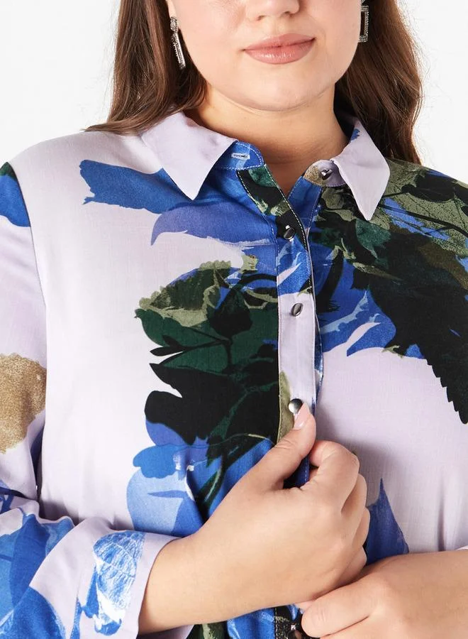  أولا بوبكن قميص مقاس كبير بأكمام طويلة وياقة وطبعات من أولا بوبكن