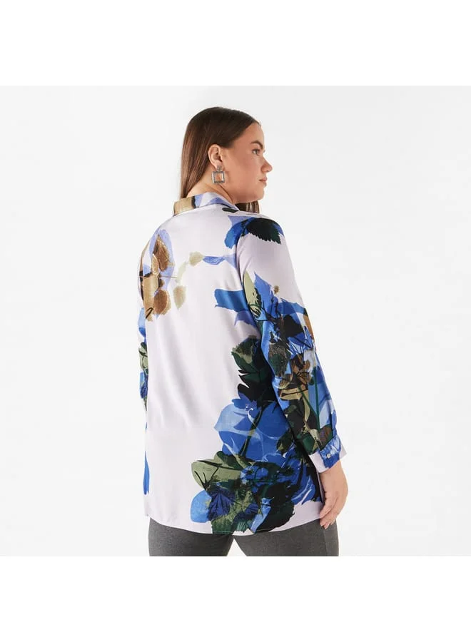 Ulla Popken Plus Size Ulla Popken All-Over Print Shirt with Collar and Long Sleeves