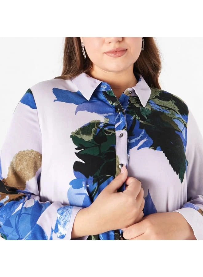 Ulla Popken Plus Size Ulla Popken All-Over Print Shirt with Collar and Long Sleeves