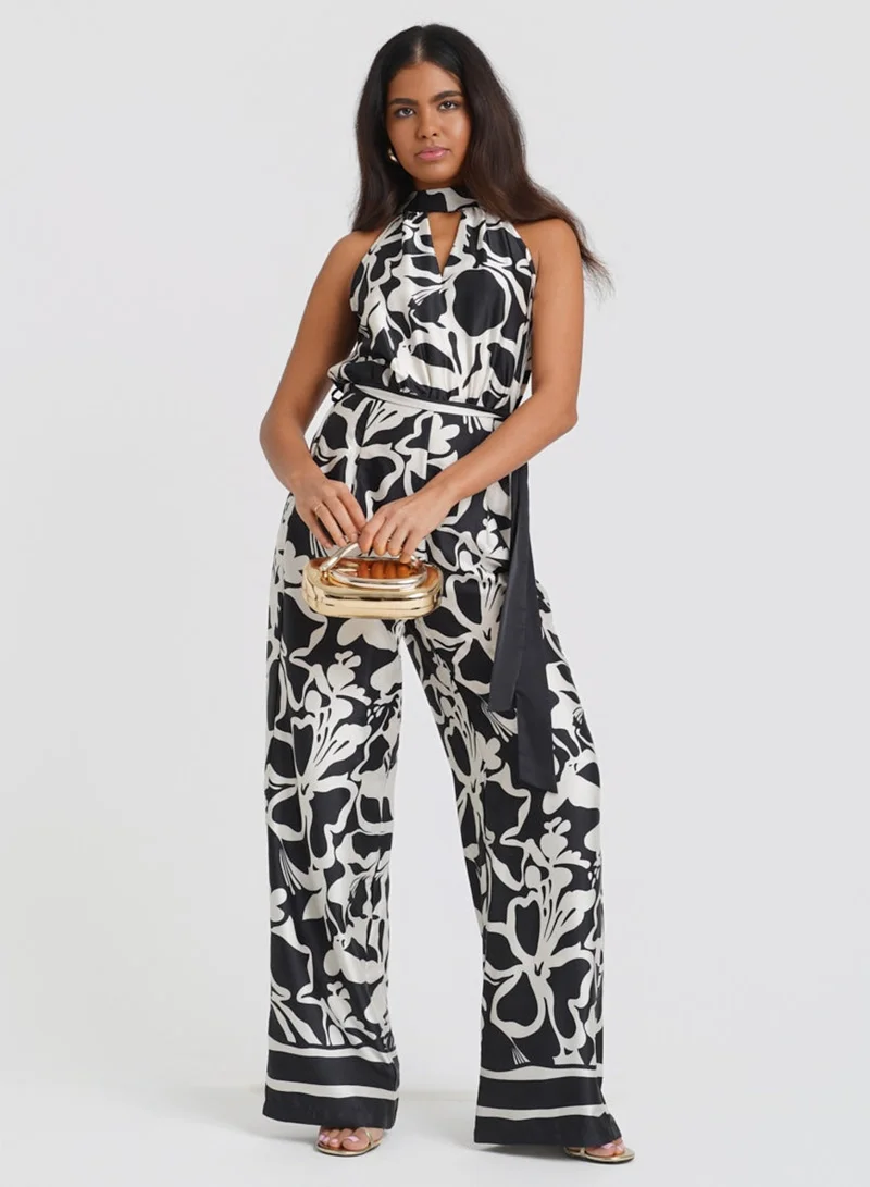 Black Floral Satin Halterneck Jumpsuit
