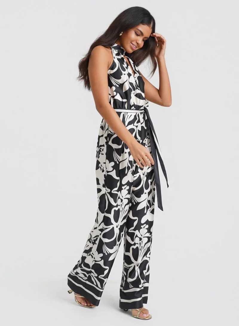 Needs No Label Black Floral Satin Halterneck Jumpsuit