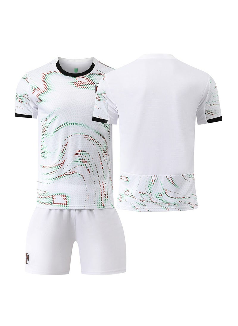 A new football jersey is made of fabric that is breathable, quick-drying, soft and has good elasticity, It consists of a 2-piece set of a top, trousers, and is specially designed for football and sports enthusiasts