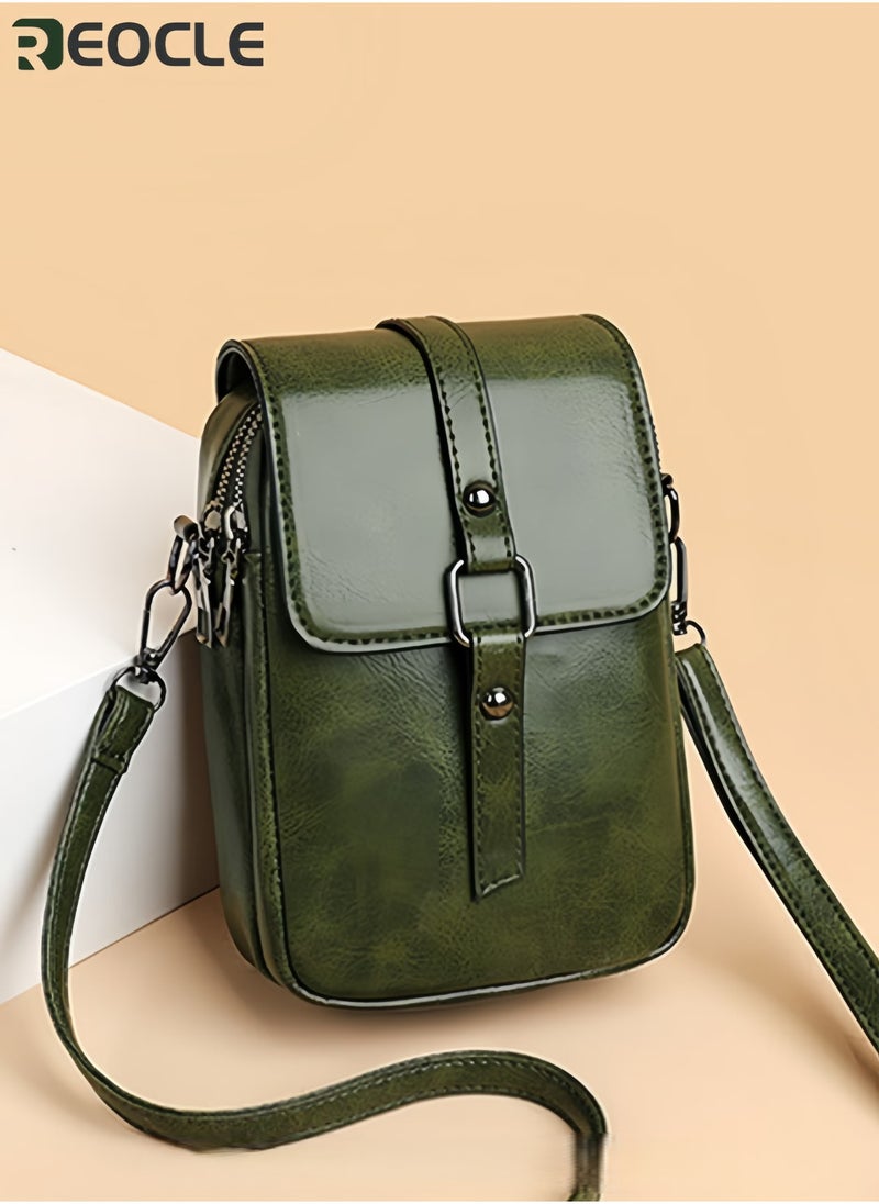 REOCLE Women's Crossbody Cellphone Bag Genuine Leather Phone Shoulder Bag  for Women Vintage Double Layer Messenger Bag Card Wallet with Adjusted Shoulder Strap - Image 2