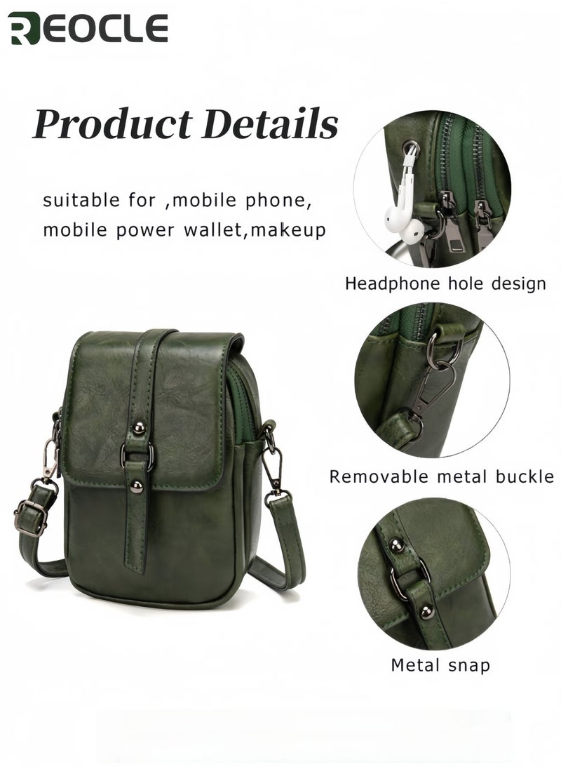 REOCLE Women's Crossbody Cellphone Bag Genuine Leather Phone Shoulder Bag  for Women Vintage Double Layer Messenger Bag Card Wallet with Adjusted Shoulder Strap - Image 3