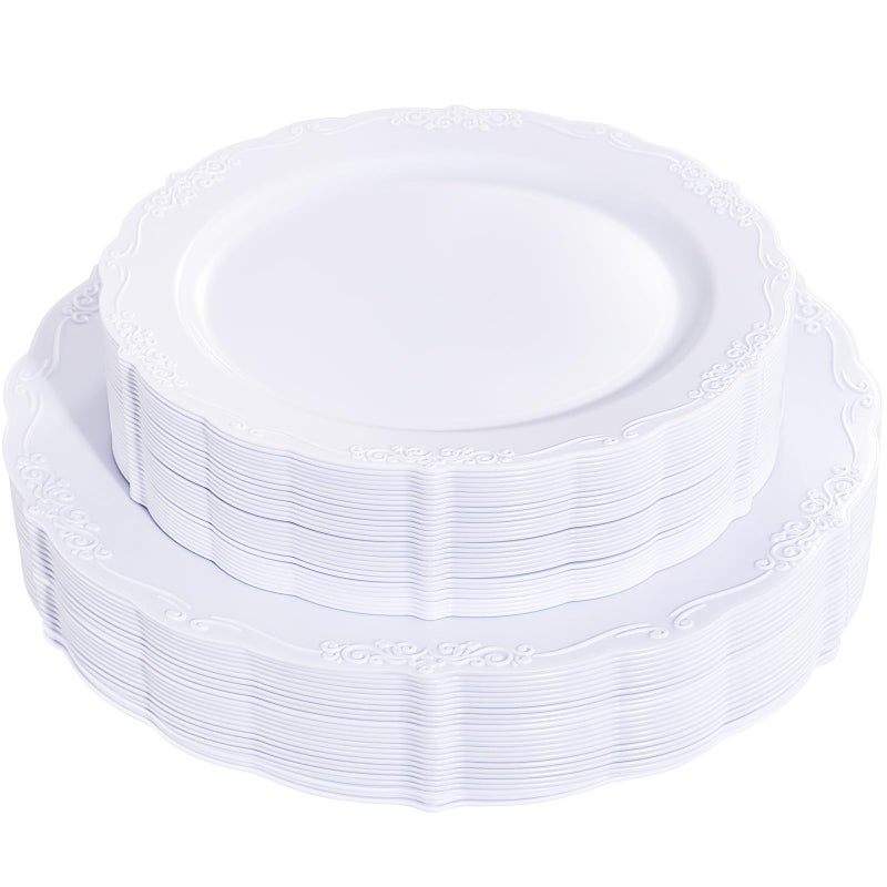 U-QE 60PCS White-Plastic-Plates for Party - High End Disposable Plates for Weddings - White Plates Disposable Heavy Duty Including 30PCS 10.25'' Dinner Plates & 30PCS 7.5'' Dessert Plates - Image 1