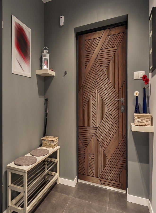 ملصقات أبواب خشبية هندسية ذاتية اللصق من Alwayspon مقاس 30 × 78.7 بوصة، ملصقات جدارية فنية من الفينيل قابلة للإزالة وقابلة للإزالة، لتزيين غرفة النوم والمنزل - Image 2