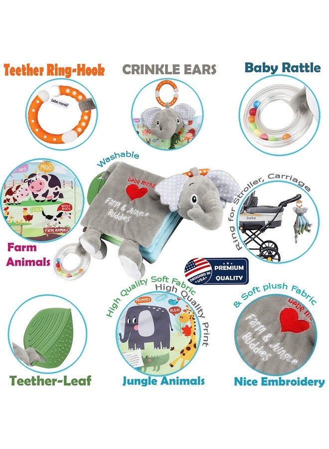 Bebe Mondo Elephant Touch and Feel Baby Books Toys 0-6 Months, Loveys Crinkle Books for Babies,Infant Toys 6-12-18 Months 1-2 Year Old, Baby Shower Easter Gifts Soft Cloth Book Teething Rattle for Boys Girls  - Image 1