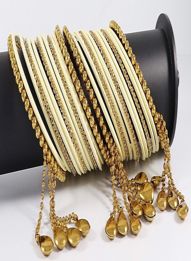 ZULKA Get your traditions Non-Precious Metal Base Metal and Studded with Zircon Gemstone or Ball Chain Linked Kaleere type Latkan Glossy finish Bangle Set For Women/Girls, (Cream_2.8 Inches), Pack Of 26 Bangle Set - Image 4