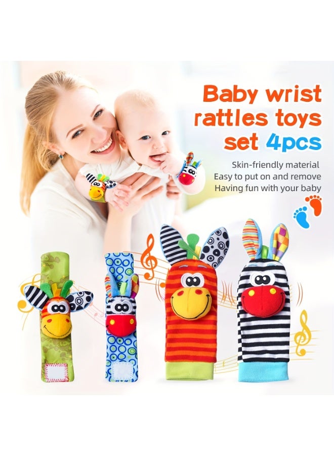 insular 4 Pcs Baby Wrist Rattles & Foot Socks, Newborn Sensory Toys with Built-in Bells for Hand-Eye-Foot Coordination, Soft Animal Pattern Rattle Set for 0-9 Months, Baby Shower Gift - Image 3