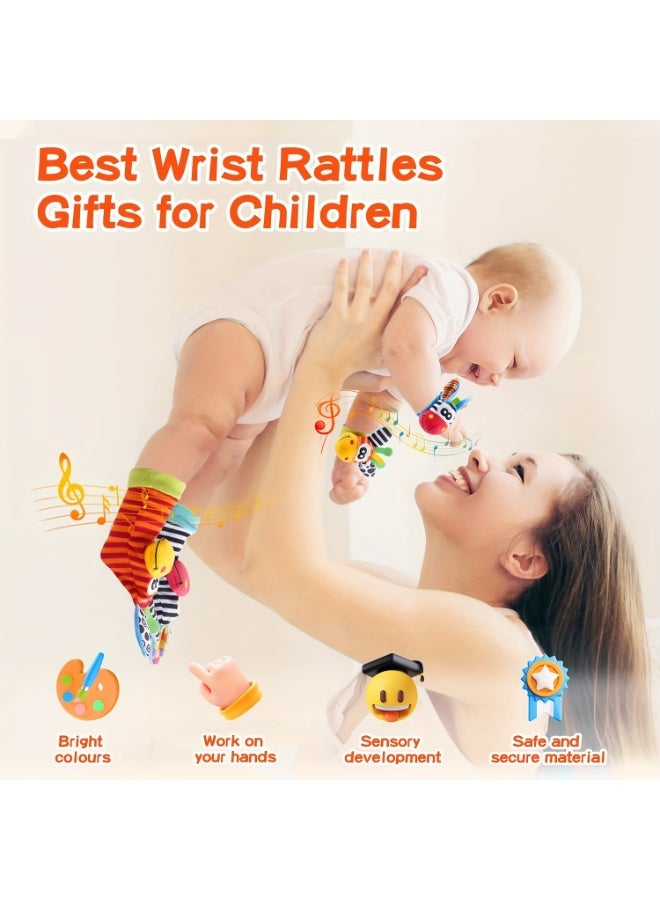 insular 4 Pcs Baby Wrist Rattles & Foot Socks, Newborn Sensory Toys with Built-in Bells for Hand-Eye-Foot Coordination, Soft Animal Pattern Rattle Set for 0-9 Months, Baby Shower Gift - Image 5