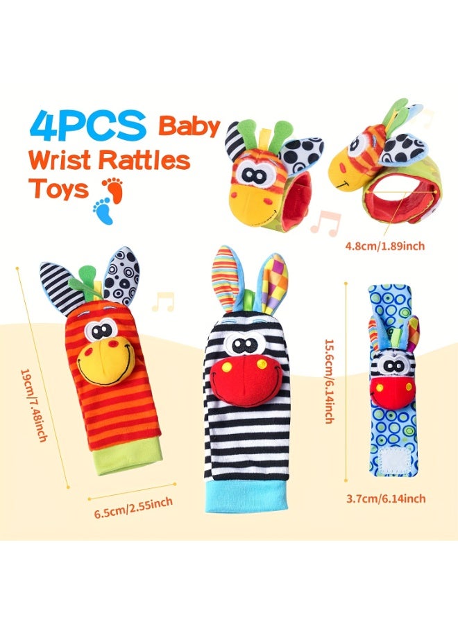 insular 4 Pcs Baby Wrist Rattles & Foot Socks, Newborn Sensory Toys with Built-in Bells for Hand-Eye-Foot Coordination, Soft Animal Pattern Rattle Set for 0-9 Months, Baby Shower Gift - Image 2