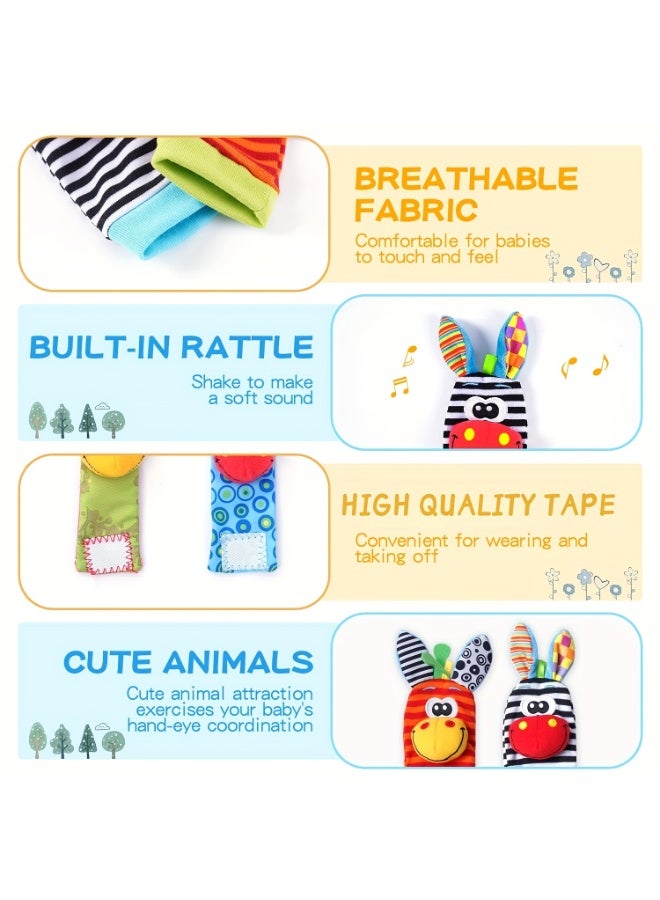 insular 4 Pcs Baby Wrist Rattles & Foot Socks, Newborn Sensory Toys with Built-in Bells for Hand-Eye-Foot Coordination, Soft Animal Pattern Rattle Set for 0-9 Months, Baby Shower Gift - Image 4