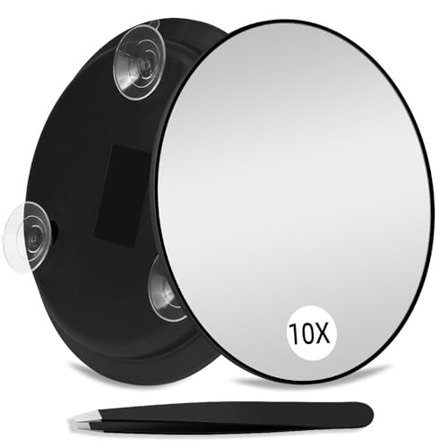 Suupvaor 10X Magnifying Mirror with 3 Suction Cups, Large 6inch Round Travel Makeup Mirror with High Magnification, Makeup Mirror with Tweezers Set - Image 1