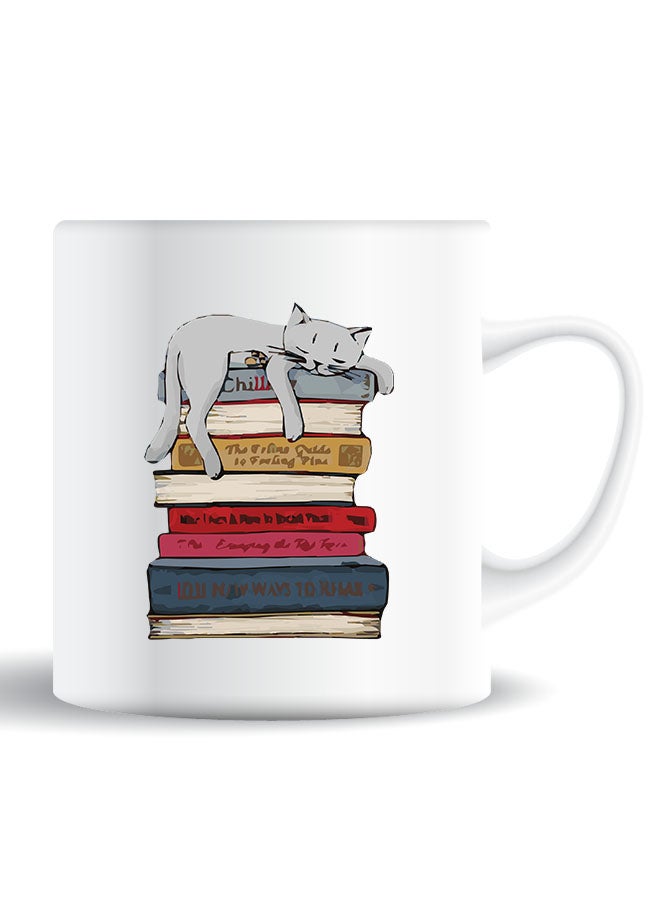 Theodor Premium Quality Two Sided Printed Coffee Mug Tea Cup Cat On Books For Home Office, Kids Men Women - Image 1