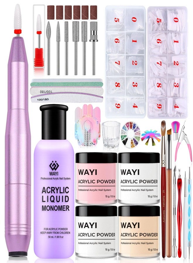 WAYI Acrylic Nail Kit with Drill - 58ml Acrylic Liquid Monomer, 4 Colors Powder (Pink White Nude Clear), Drill with 7 Bits & 6 Sanding Bands, 1000pcs French Tips, Nail Art Tools Set - Image 1