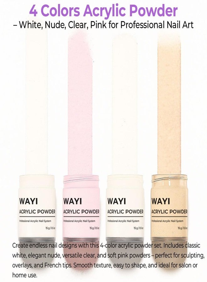 WAYI Acrylic Nail Kit with Drill - 58ml Acrylic Liquid Monomer, 4 Colors Powder (Pink White Nude Clear), Drill with 7 Bits & 6 Sanding Bands, 1000pcs French Tips, Nail Art Tools Set - Image 3