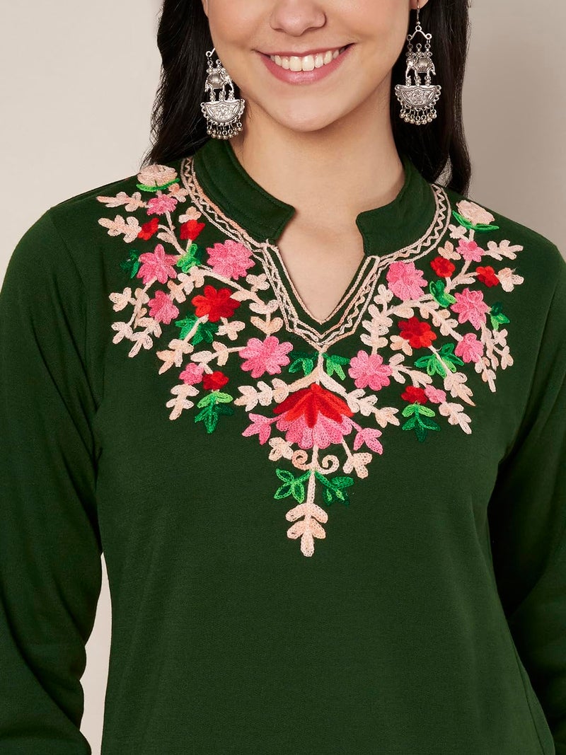 TREND LEVEL Winter Warm Woolen Embroidery Kurta/Kurti for Women's (Multi Flower) (in, Alpha, XL, Collar Nack_|Green) - Image 3