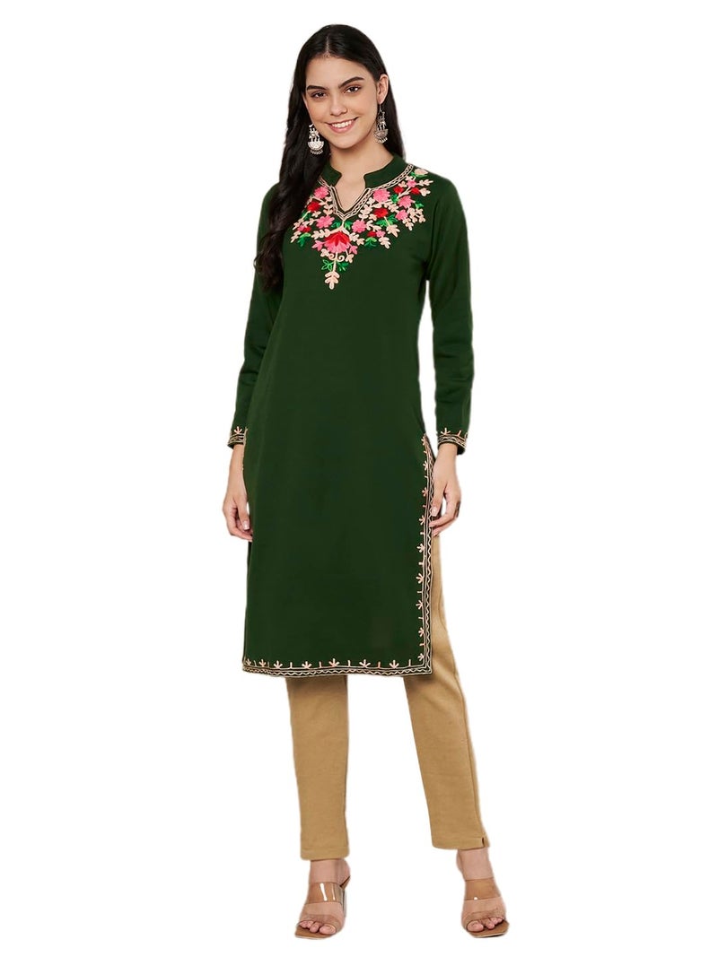 TREND LEVEL Winter Warm Woolen Embroidery Kurta/Kurti for Women's (Multi Flower) (in, Alpha, XL, Collar Nack_|Green) - Image 1