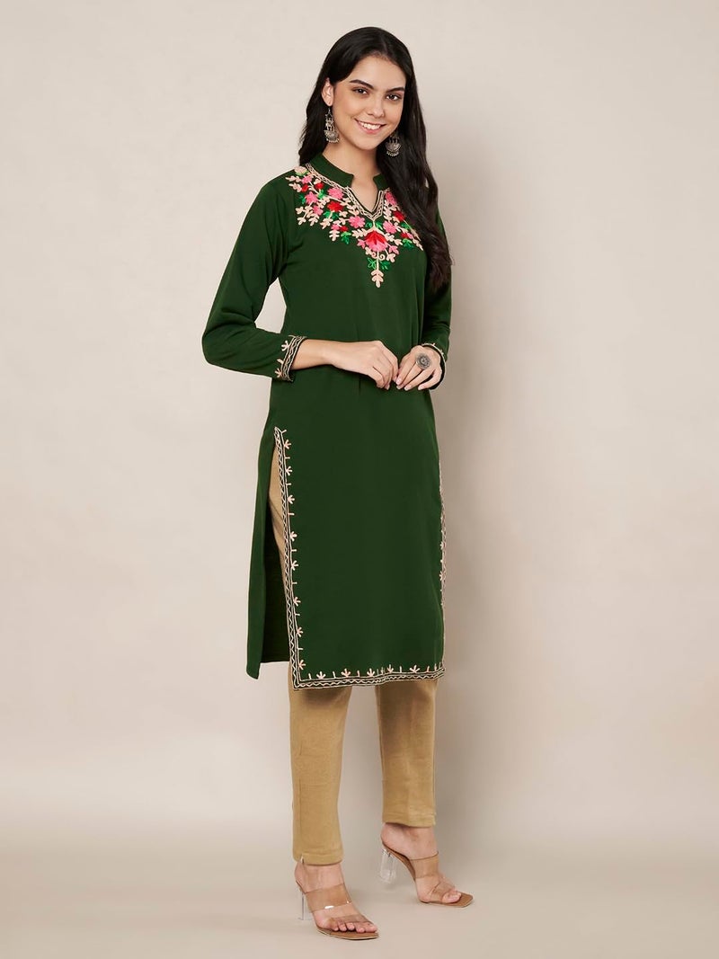 TREND LEVEL Winter Warm Woolen Embroidery Kurta/Kurti for Women's (Multi Flower) (in, Alpha, XL, Collar Nack_|Green) - Image 5