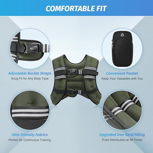 ZELUS Weighted Vest, 6lb/8lb/12lb/16lb/20lb/25lb/30lb Weight Vest with Reflective Stripe for Workout, Strength Training, Running, Fitness, Muscle Building, Weight Loss, Weightlifting, Green(16 lb) - Image 2