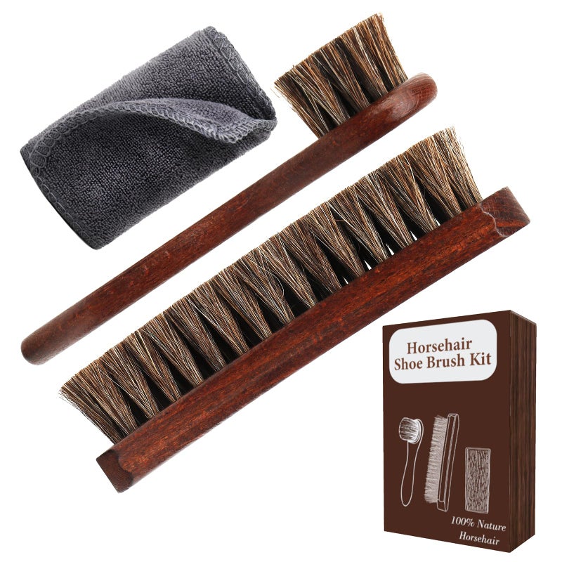LYSSRA 3-Piece 100% Horse Hair Shoe Brush Kit for Leather Care â€“ Professional Dauber Applicators and Polishing Brushes with Cleaning Cloth for Leather Shoes, Boots, Bags, Jackets & Car Detailing - Image 1