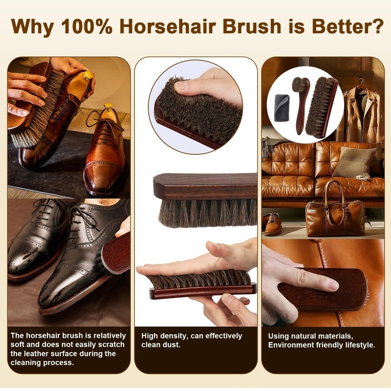 LYSSRA 3-Piece 100% Horse Hair Shoe Brush Kit for Leather Care â€“ Professional Dauber Applicators and Polishing Brushes with Cleaning Cloth for Leather Shoes, Boots, Bags, Jackets & Car Detailing - Image 2
