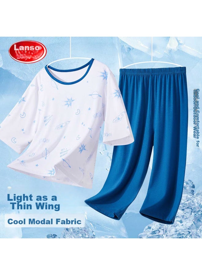 LANG SHA Langsha Children's Pajamas, Boys' Summer Thin Modal, Youth Three-quarter Sleeve Home Wear Set, Blue, 170 - Image 2