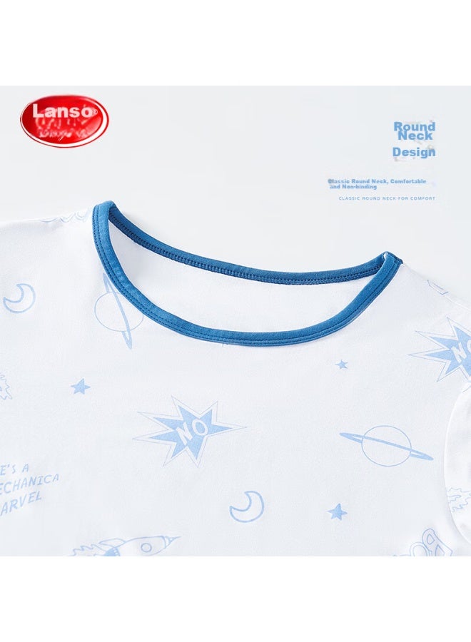 LANG SHA Langsha Children's Pajamas, Boys' Summer Thin Modal, Youth Three-quarter Sleeve Home Wear Set, Blue, 170 - Image 4