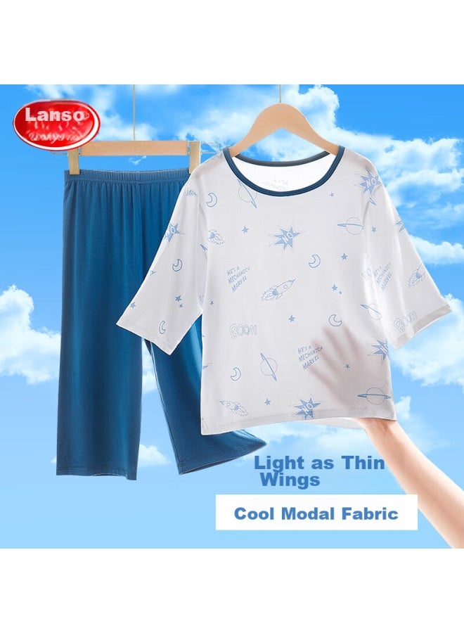 LANG SHA Langsha Children's Pajamas, Boys' Summer Thin Modal, Youth Three-quarter Sleeve Home Wear Set, Blue, 170 - Image 1