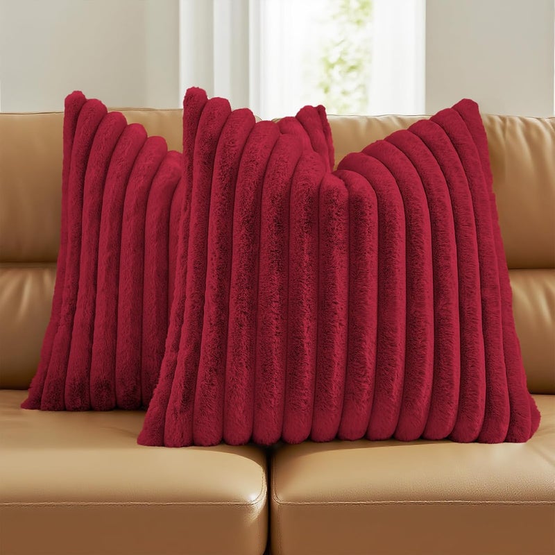 FUTEI Pack of 2 Fluffy Faux Fur Throw Pillow Covers 16x16 Inch Elegant Striped Textured Decorative Cushion Cases Modern Accent Pillow for Couch Bed Living Room, Retro Red - Image 1