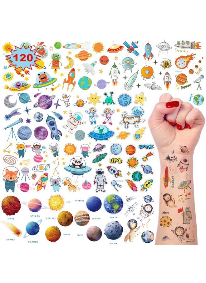 FATHER.SON - 120+ Pieces Space Temporary Tattoos for Kids, 24 Sheets Planet Birthday Party Decoration, Rocketship Universe Sun Moon Tattoos Sticker for Children Boys Party Favors Supplies - Image 1